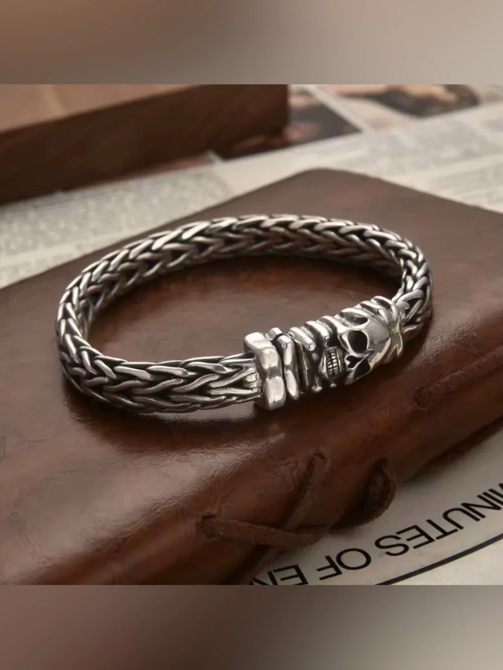 Men’s Real 925 Sterling Silver Bracelet 5mm Bali Wheat link Chain Skull Clasp